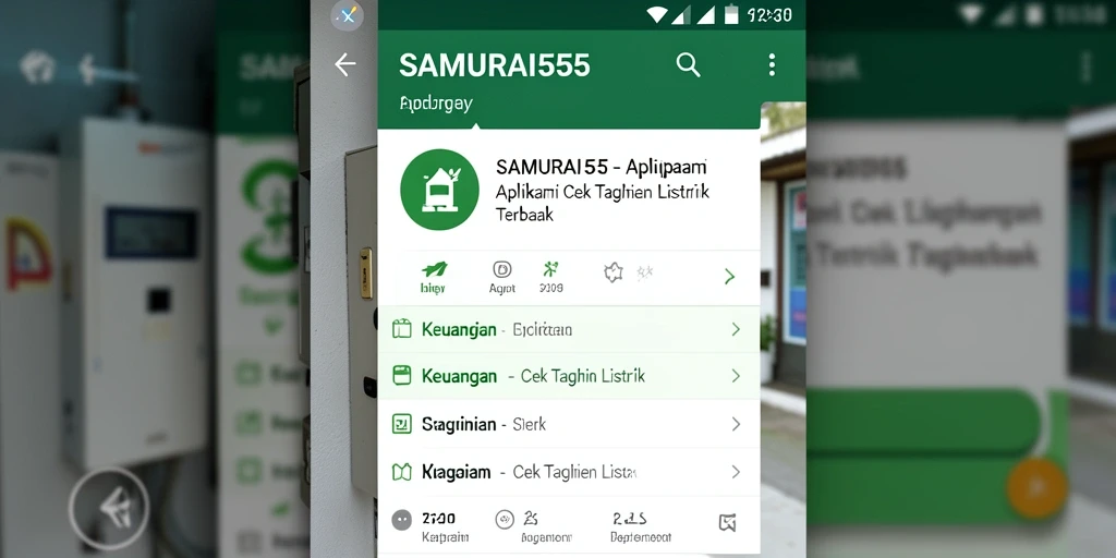 Screenshot aplikasi SAMURAI555 menampilkan fitur cek tagihan listrik.